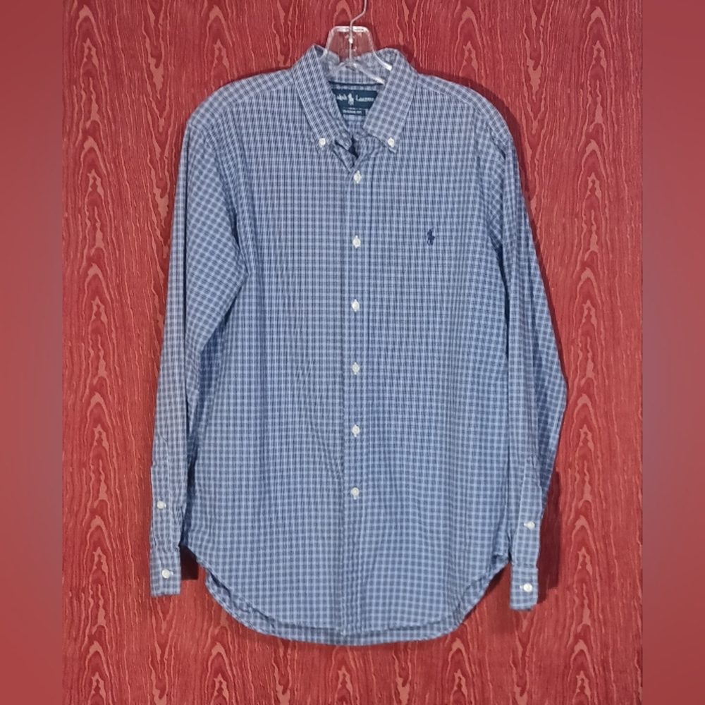 RALPH LAUREN Classic Fit Blue Plaid Logo Dress Button Up Shirt Men's Size M